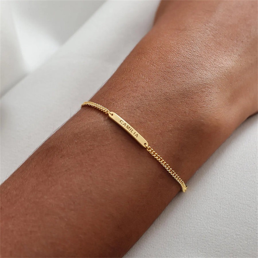 Personalized Engraved 925 Sterling Silver Mini Bar Bracelet with Curb Chain