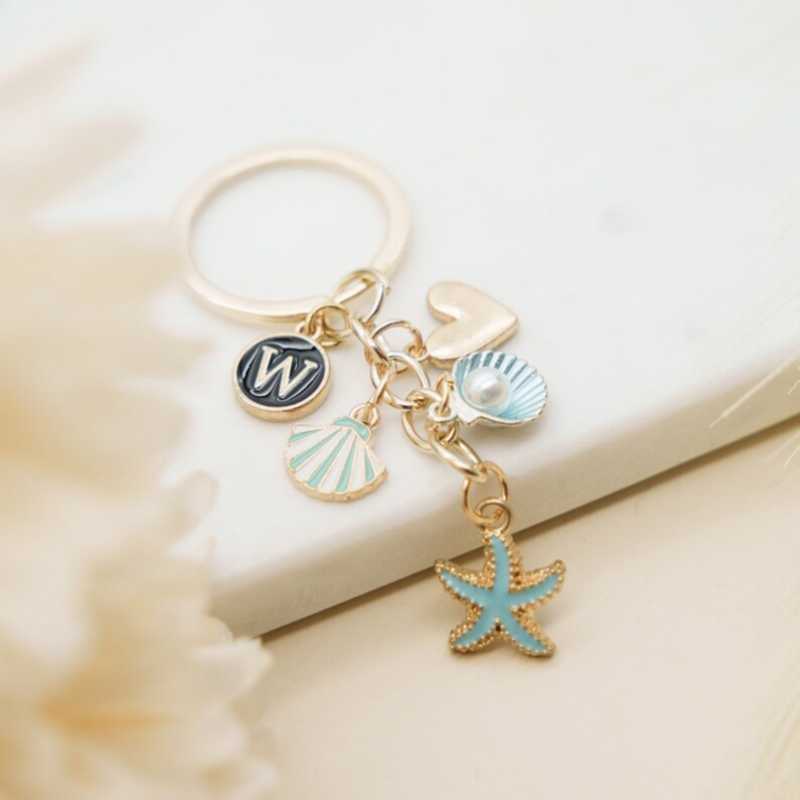 Custom Initial Ocean Starfish And Seashell Keychain