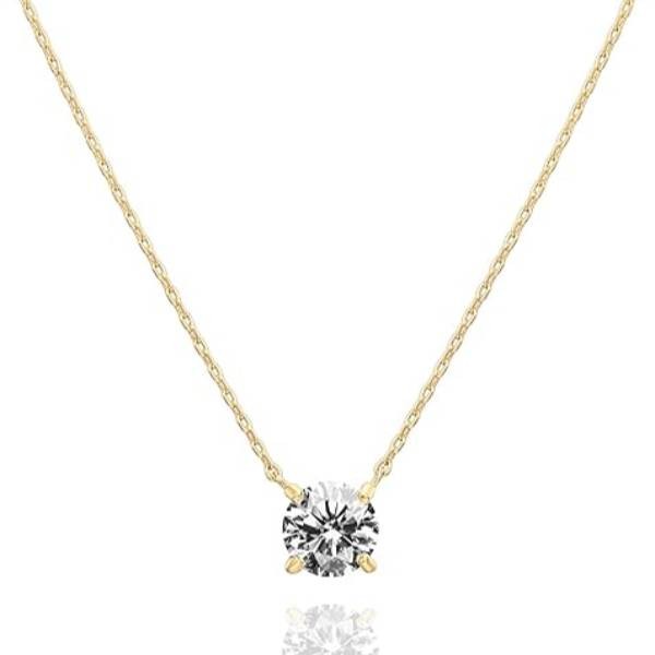 14K Gold Plated Crystal Solitaire 1.5 Carat Cubic Zirconia Dainty Choker Necklace
