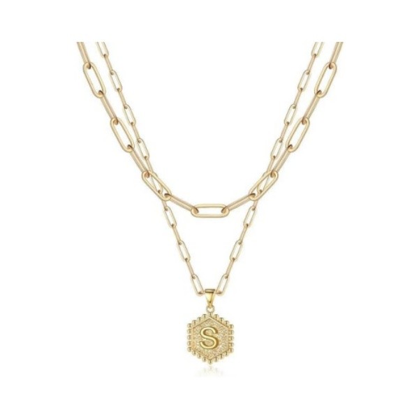 14K Gold Plated Hexagon Letter Initial Layered Necklaces for Women