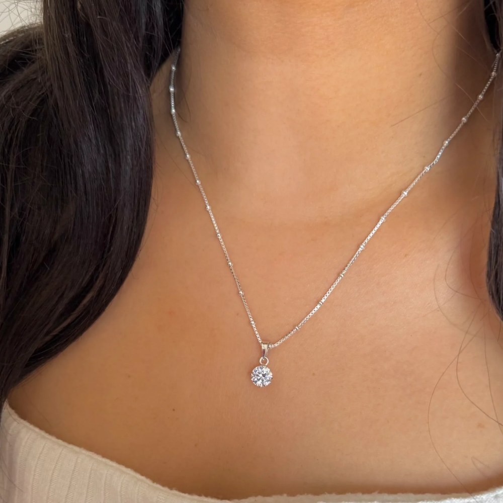 925 Sterling Silver Round Crystal  Beaded Chain Necklace for Women Daily Wear