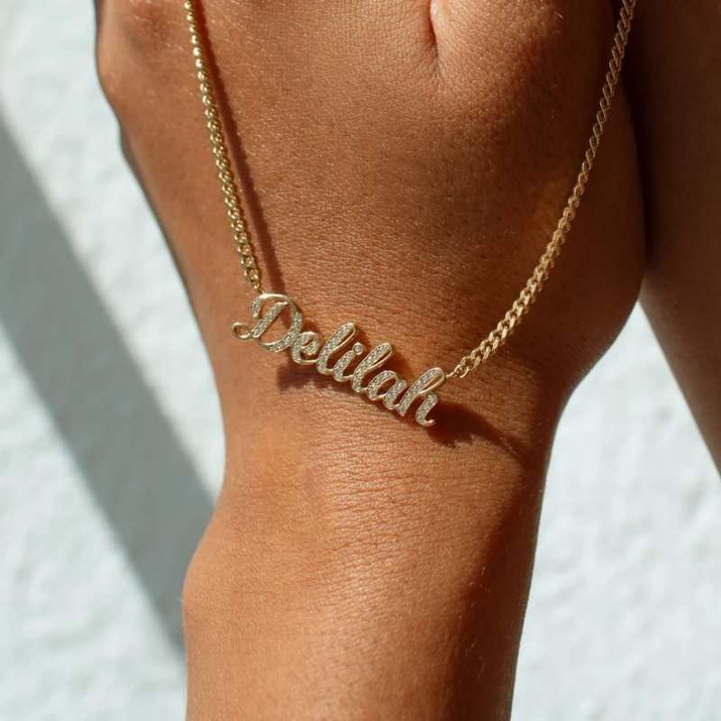 Custom 14K Gold Plated Pave Script Name Necklace