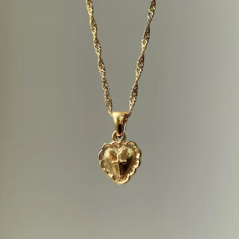 Yellow Gold 925 Sterling Silver Heart Cross Necklace for Women 