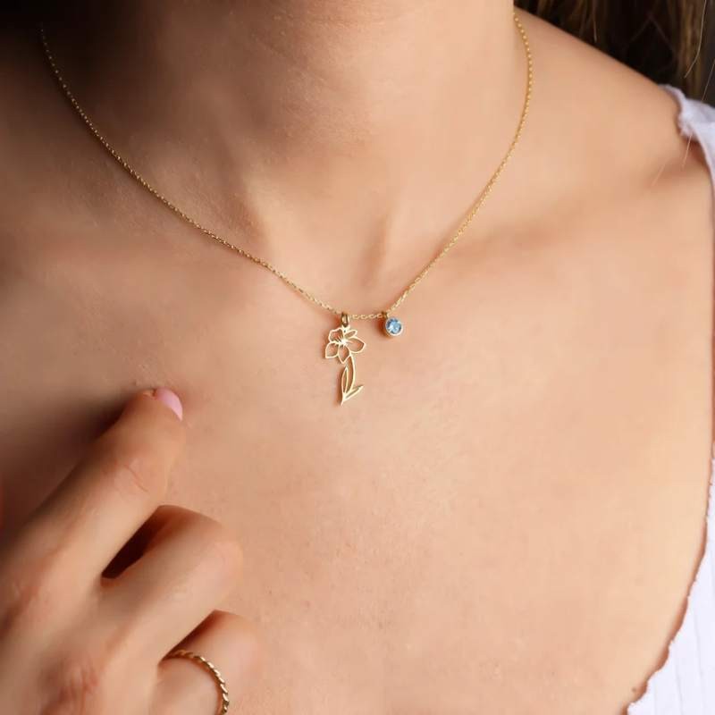 Custom 925 Sterling Silver Birth Flower Necklace with Birthstone