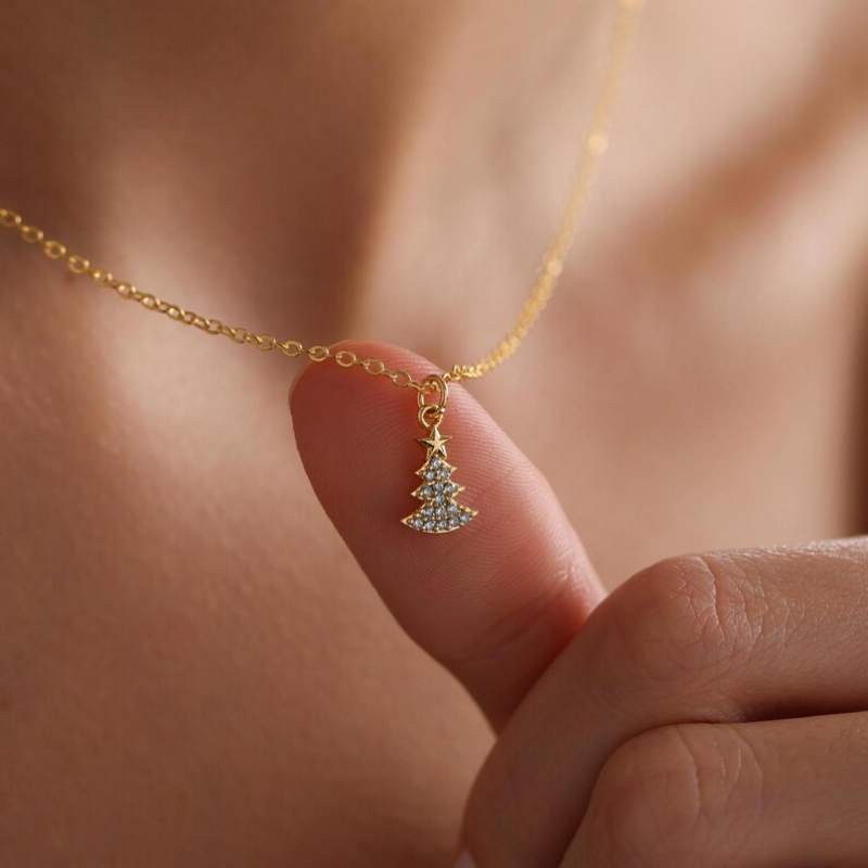 Dainty 925 Sterling Silver Tiny Christmas Tree Pave Necklace Christmas Gift