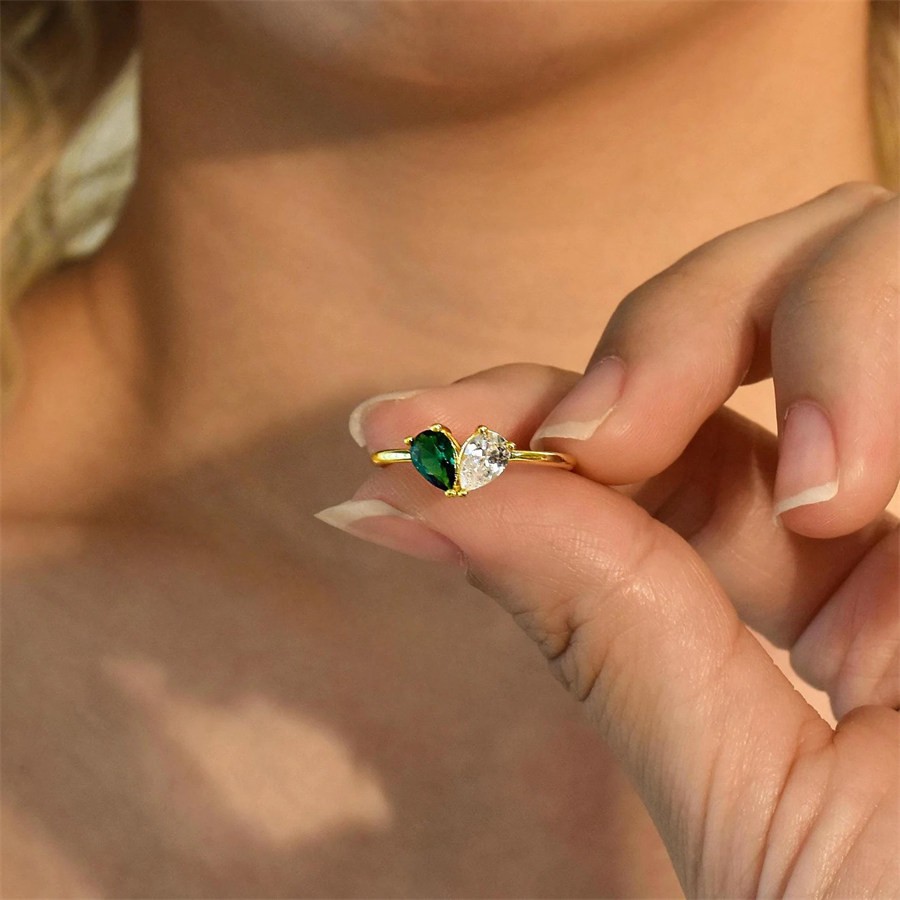Custom Pear Cut 925 Sterling Silver Toi et Moi 2 Birthstone Ring 