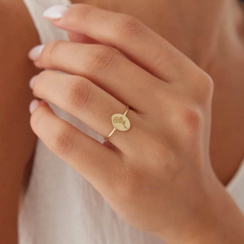 Personalized Oval Birth Flower 925 Sterling Silver Women's Signet Ring