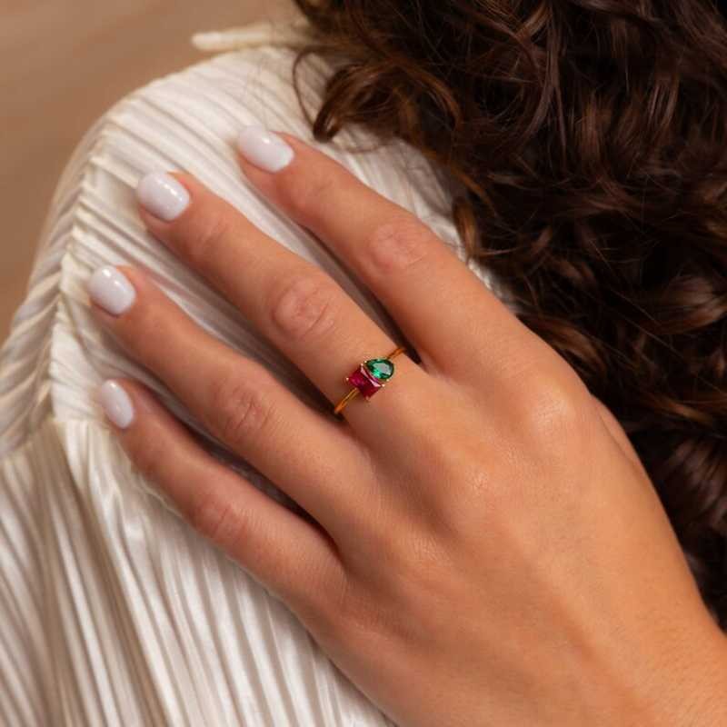 Custom Emerald and Pear Cut 925 Sterling Silver Toi et Moi 2 Birthstone Ring 