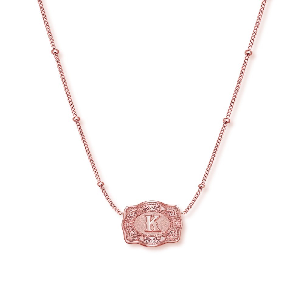 Unisex Ultra Mini Initial Rose Gold S925 Silver Belt Buckle Necklace with Beaded Chain