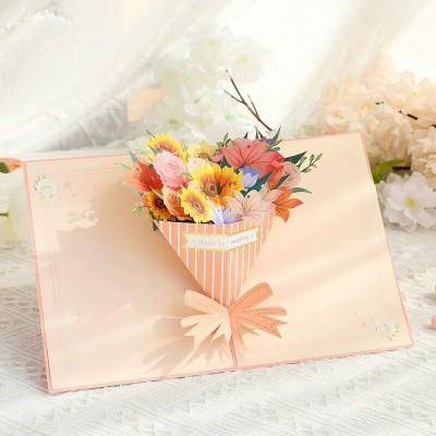 Pop Up Card Colorful Bouquets Best Wishes Design Great Mother's Day Gift