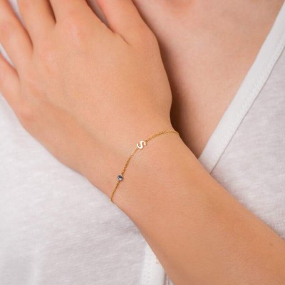 Personalized 925 Sterling Silver Initial Birthstone Bracelet 