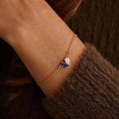 Custom Pear Cut 925 Sterling Silver 2 Birthstone Heart Bracelet 