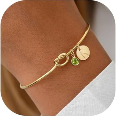 Personalized Yellow Gold Initial Birthstone Love Knot Bracelet 