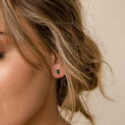 Custom Birthstone Baguette Minimalist 925 Sterling Silver Stud Earrings