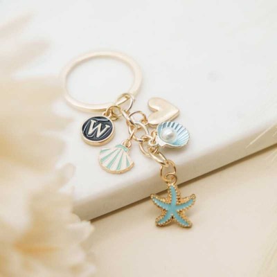 Custom Initial Ocean Starfish And Seashell Keychain