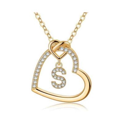 14K Gold Plated Cubic Zirconia Initial Heart Pendant Necklace
