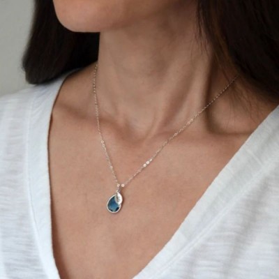 Unique 925 Sterling Silver Teardrop Birthstone Initial Letter Charm Necklace 