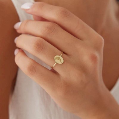 Personalized Oval Birth Flower 925 Sterling Silver Women's Signet Ring