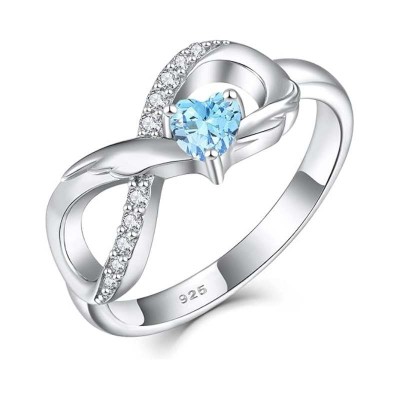 925 Sterling Silver Angel Wings Infinity Heart Birthstone Ring 