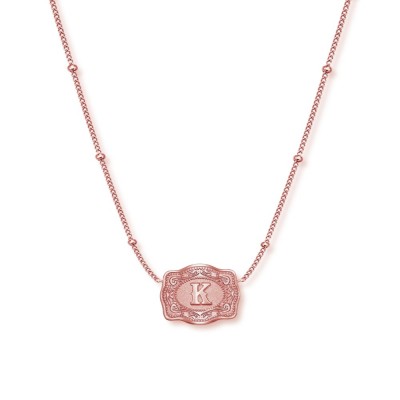 Unisex Ultra Mini Initial Rose Gold S925 Silver Belt Buckle Necklace with Beaded Chain