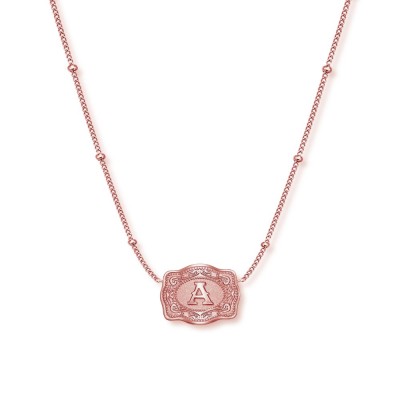 Unisex Ultra Mini Initial Rose Gold S925 Silver Belt Buckle Necklace with Beaded Chain
