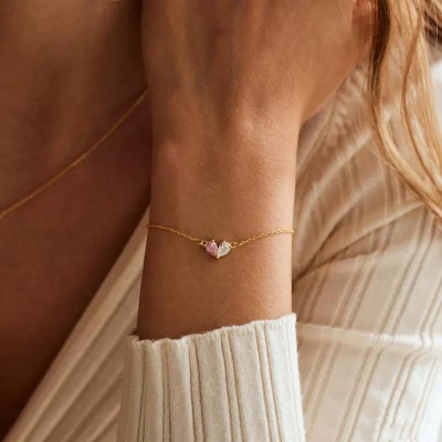 Custom Pear Cut 925 Sterling Silver 2 Birthstone Heart Bracelet 