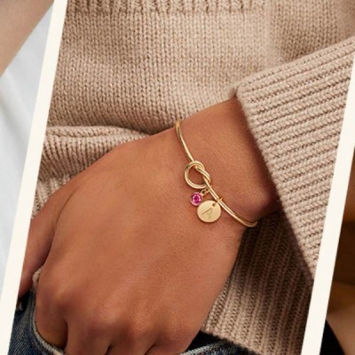Personalized Yellow Gold Initial Birthstone Love Knot Bracelet 
