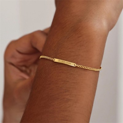 Personalized Engraved 925 Sterling Silver Mini Bar Bracelet with Curb Chain