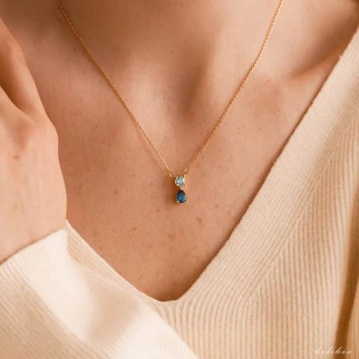 Custom Two Birthstone 925 Sterling Silver Necklace