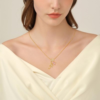 Unique 925 Sterling Silver Art Design Yellow Gold Initial Letter Charm Necklace with Personalized Heart Birthstone Gift for Her