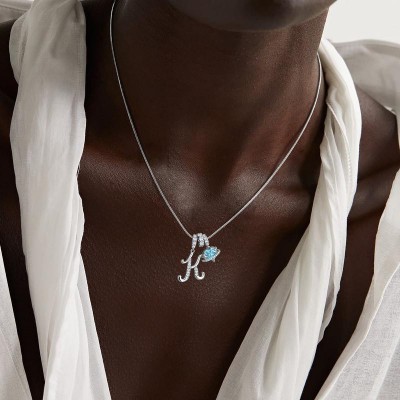 Unique 925 Sterling Silver Art Design Initial Letter Charm Necklace with Personalized Heart Birthstone Gift for Her