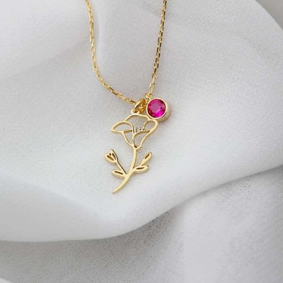 Custom 925 Sterling Silver Birth Flower Necklace with Birthstone
